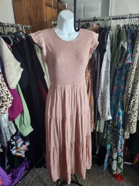 Blu Pepper Blush Pink Smocked Flutter-Sleeve Maxi Dress